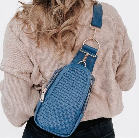 Pretty Simple Handbags - Pretty Simple Women's Waverly Navy Woven Vegan Leather Sling Crossbody Bag